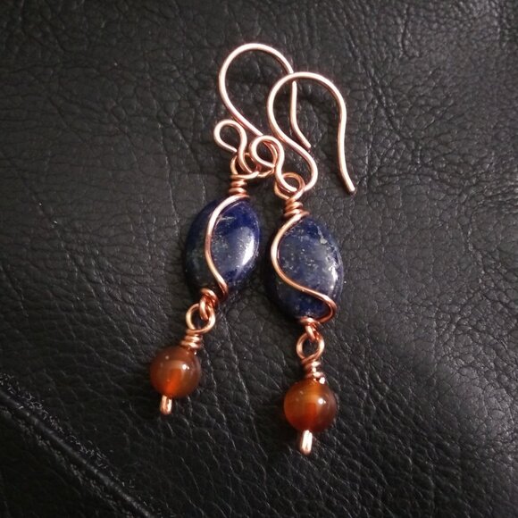 Copper Wire Wrapped Earrings ~ Lapis Lazuli & Russet Agate | Fall Jewelry - Picture 3 of 9